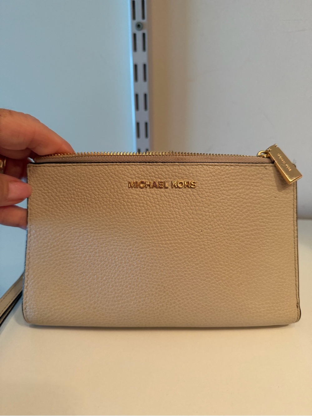 Michael Kors Pebbled Leather Wristlet in Beige with Gold Hardware